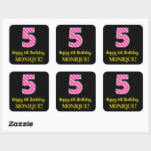 Fun Pink Stripes "5": Happy 5th Birthday + Name Vierkante Sticker (Vel)