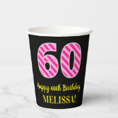 Fun Pink Stripes "60": Happy 60th Birthday + Name Papieren Bekers (Achterkant)