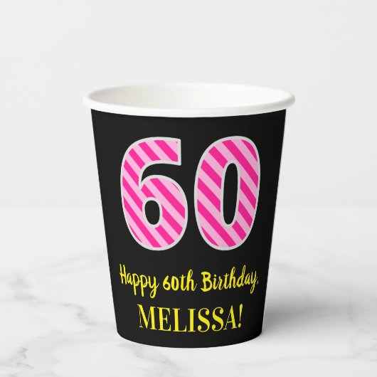 Fun Pink Stripes "60": Happy 60th Birthday + Name Papieren Bekers (Achterkant)