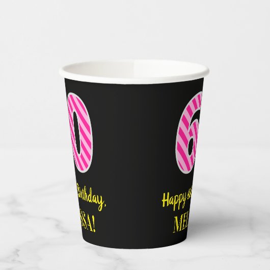 Fun Pink Stripes "60": Happy 60th Birthday + Name Papieren Bekers (Links)