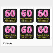 Fun Pink Stripes "60": Happy 60th Birthday + Name Vierkante Sticker (Vel)