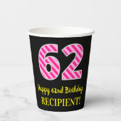 Fun Pink Stripes "62": Happy 62nd Birthday + Name Papieren Bekers (Achterkant)