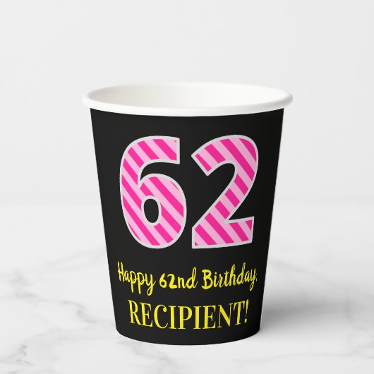 Fun Pink Stripes "62": Happy 62nd Birthday + Name Papieren Bekers (Achterkant)