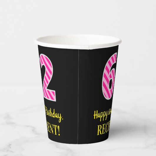 Fun Pink Stripes "62": Happy 62nd Birthday + Name Papieren Bekers (Rechts)