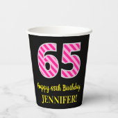 Fun Pink Stripes "65": Happy 65th Birthday + Name Papieren Bekers (Achterkant)