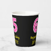 Fun Pink Stripes "65": Happy 65th Birthday + Name Papieren Bekers (Links)
