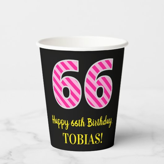 Fun Pink Stripes "66": Happy 66th Birthday + Name Papieren Bekers (Achterkant)