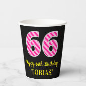 Fun Pink Stripes "66": Happy 66th Birthday + Name Papieren Bekers (Voorkant)