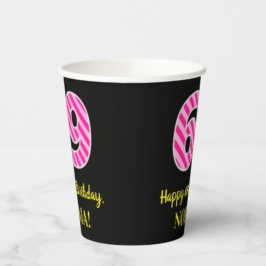 Fun Pink Stripes "69": Happy 69th Birthday + Name Papieren Bekers (Links)