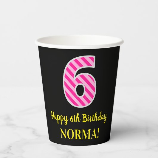 Fun Pink Stripes "6": Happy 6th Birthday + Name Papieren Bekers (Achterkant)