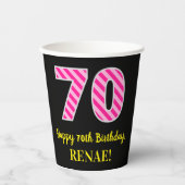 Fun Pink Stripes "70": Happy 70th Birthday + Name Papieren Bekers (Voorkant)