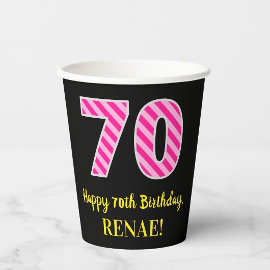 Fun Pink Stripes "70": Happy 70th Birthday + Name Papieren Bekers (Voorkant)
