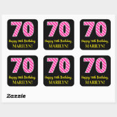 Fun Pink Stripes "70": Happy 70th Birthday + Name Vierkante Sticker (Vel)