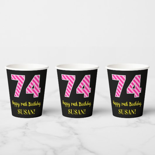 Fun Pink Stripes “74”: Happy 74th Birthday + Name Papieren Bekers (Multi)
