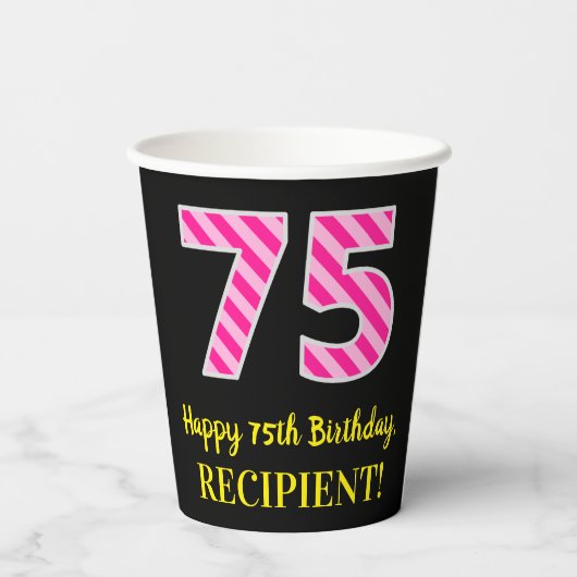 Fun Pink Stripes "75": Happy 75th Birthday + Name Papieren Bekers (Achterkant)
