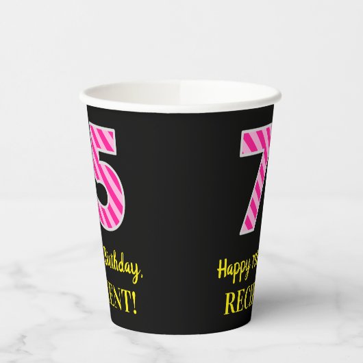 Fun Pink Stripes "75": Happy 75th Birthday + Name Papieren Bekers (Links)