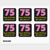 Fun Pink Stripes "75": Happy 75th Birthday + Name Vierkante Sticker (Vel)