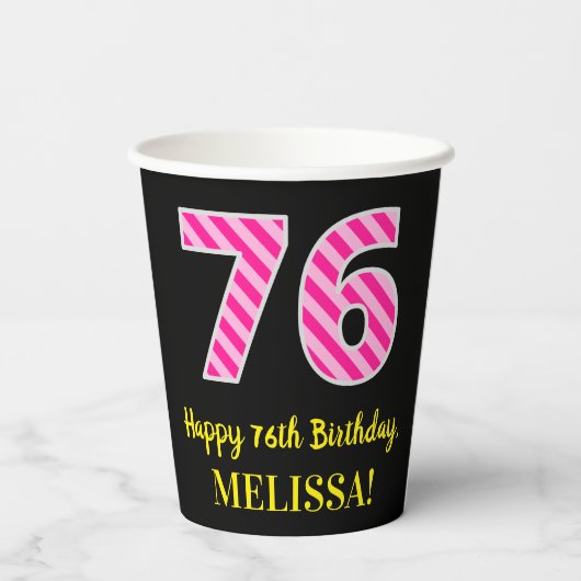 Fun Pink Stripes "76": Happy 76th Birthday + Name Papieren Bekers (Achterkant)