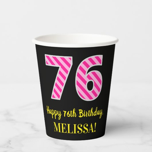 Fun Pink Stripes "76": Happy 76th Birthday + Name Papieren Bekers (Voorkant)