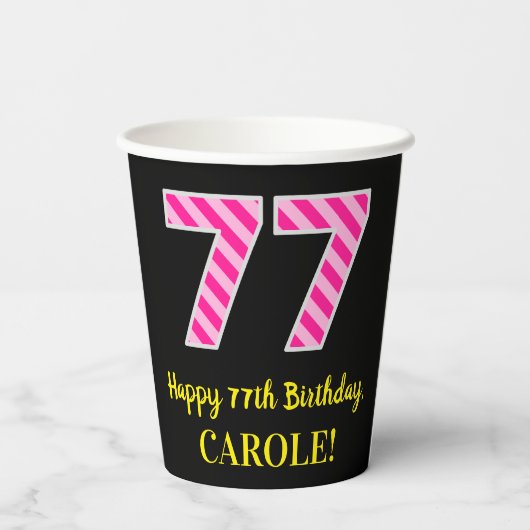 Fun Pink Stripes "77": Happy 77th Birthday + Name Papieren Bekers (Achterkant)