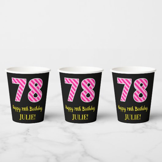 Fun Pink Stripes "78": Happy 78th Birthday + Name Papieren Bekers (Multi)