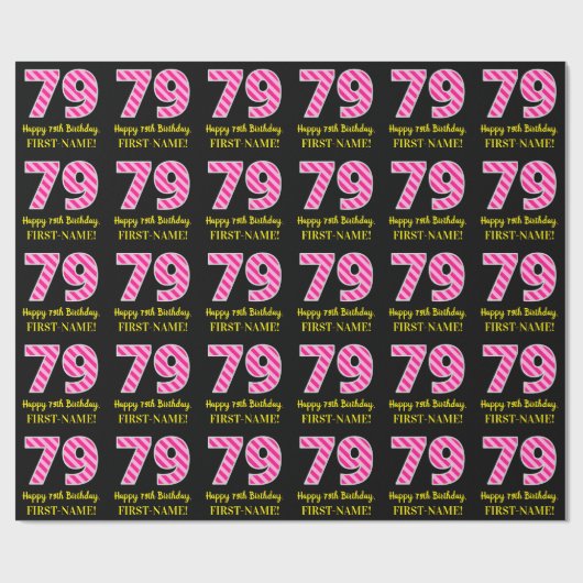 Fun Pink Stripes "79"; Happy 79th Birthday; naam Cadeaupapier (Vlak)