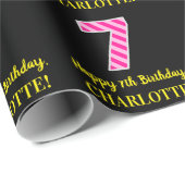 Fun Pink Stripes "7"; Happy 7th Birthday; naam Cadeaupapier (Rol Hoek)