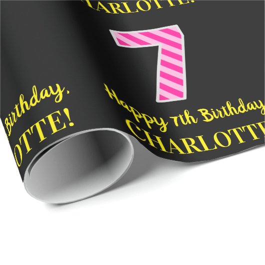 Fun Pink Stripes "7"; Happy 7th Birthday; naam Cadeaupapier (Rol Hoek)