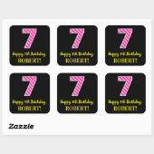 Fun Pink Stripes "7": Happy 7th Birthday + naam Vierkante Sticker (Vel)