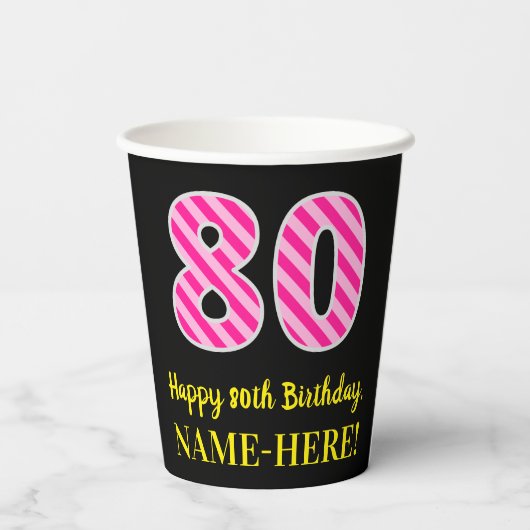 Fun Pink Stripes "80": Happy 80th Birthday + Name Papieren Bekers (Achterkant)