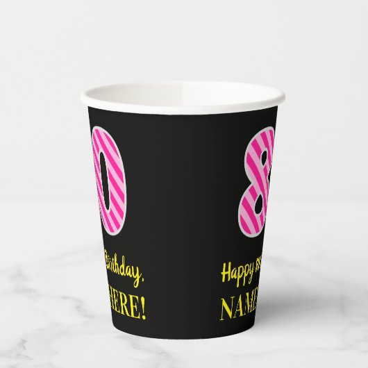Fun Pink Stripes "80": Happy 80th Birthday + Name Papieren Bekers (Links)