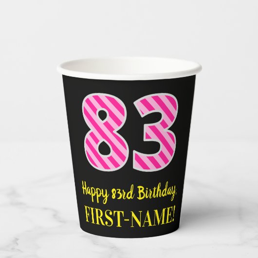 Fun Pink Stripes "83": Happy 83rd Birthday + Name Papieren Bekers (Achterkant)