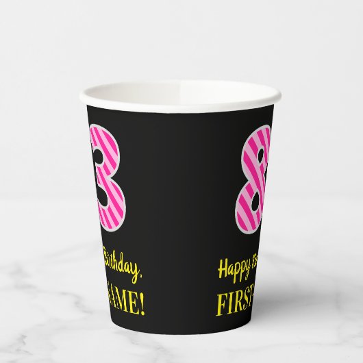 Fun Pink Stripes "83": Happy 83rd Birthday + Name Papieren Bekers (Links)