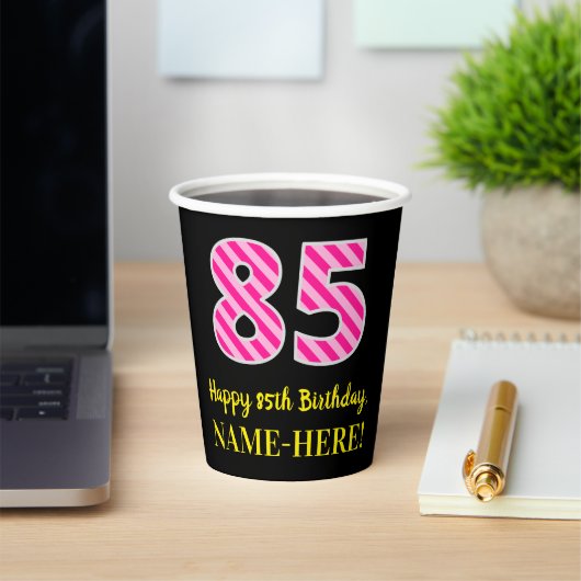 Fun Pink Stripes "85": Happy 85th Birthday + Name Papieren Bekers (Insitu)