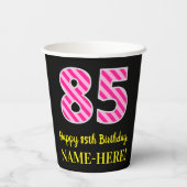 Fun Pink Stripes "85": Happy 85th Birthday + Name Papieren Bekers (Achterkant)