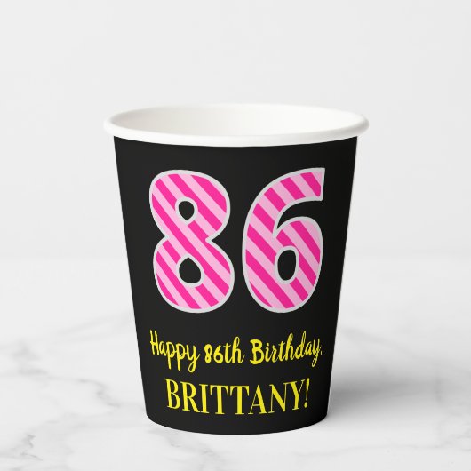 Fun Pink Stripes "86": Happy 86th Birthday + Name Papieren Bekers (Achterkant)