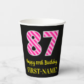 Fun Pink Stripes "87": Happy 87th Birthday + Name Papieren Bekers (Achterkant)