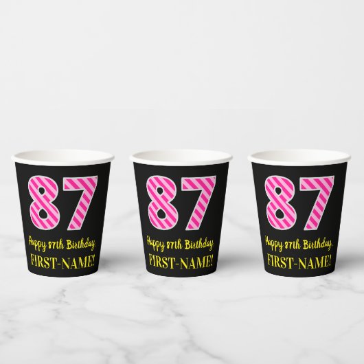 Fun Pink Stripes "87": Happy 87th Birthday + Name Papieren Bekers (Multi)