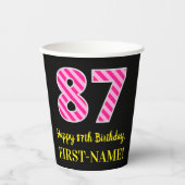 Fun Pink Stripes "87": Happy 87th Birthday + Name Papieren Bekers (Voorkant)