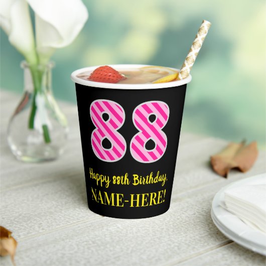 Fun Pink Stripes "88": Happy 88th Birthday + Name Papieren Bekers