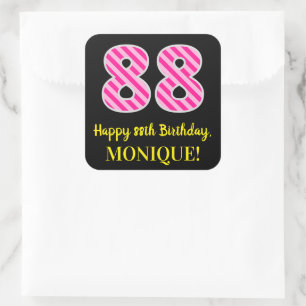 Fun Pink Stripes "88": Happy 88th Birthday + Name Vierkante Sticker