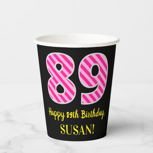 Fun Pink Stripes "89": Happy 89th Birthday + Name Papieren Bekers (Achterkant)
