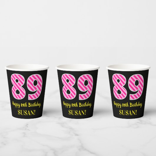 Fun Pink Stripes "89": Happy 89th Birthday + Name Papieren Bekers (Multi)