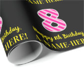 Fun Pink Stripes "8"; Happy 8th Birthday; naam Cadeaupapier (Rol Hoek)
