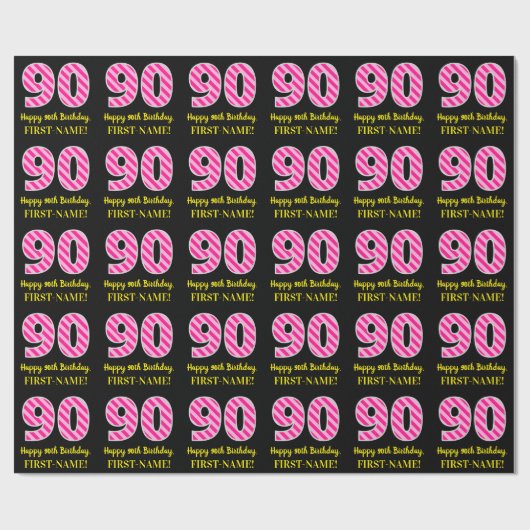 Fun Pink Stripes "90"; Happy 90th Birthday; naam Cadeaupapier (Vlak)