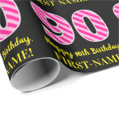 Fun Pink Stripes "90"; Happy 90th Birthday; naam Cadeaupapier (Rol Hoek)