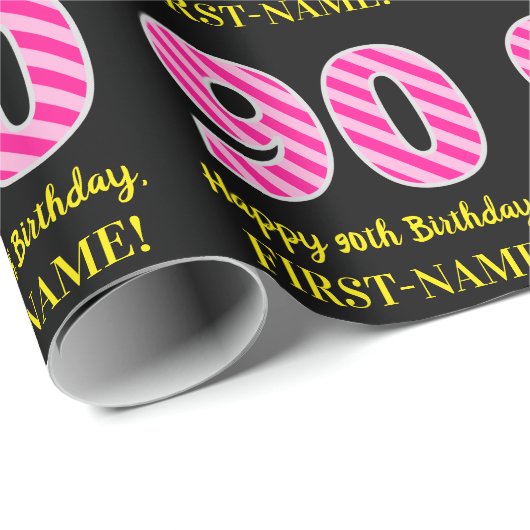 Fun Pink Stripes "90"; Happy 90th Birthday; naam Cadeaupapier (Rol Hoek)