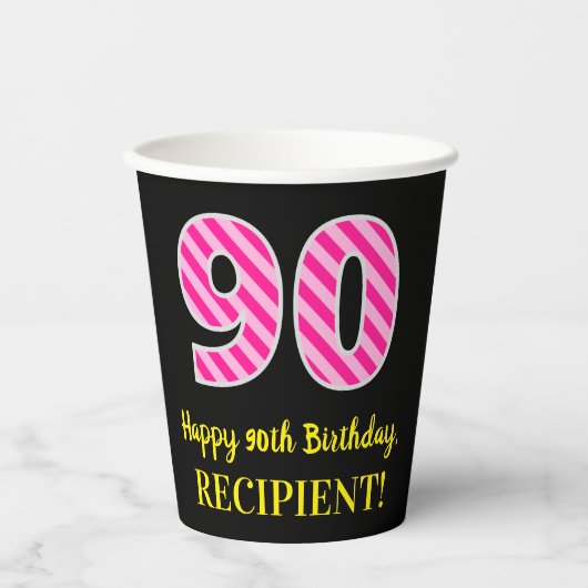 Fun Pink Stripes "90": Happy 90th Birthday + Name Papieren Bekers (Voorkant)