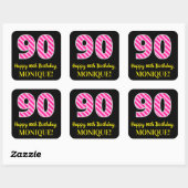 Fun Pink Stripes "90": Happy 90th Birthday + Name Vierkante Sticker (Vel)