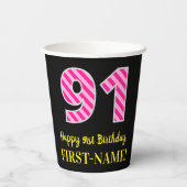 Fun Pink Stripes "91": Happy 91st Birthday + Name Papieren Bekers (Achterkant)